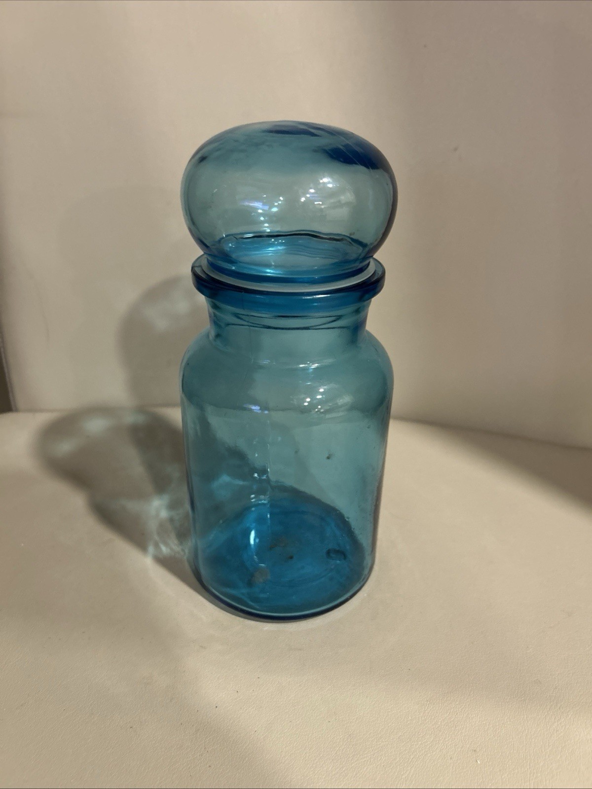 Vintage Belgian Glass Apothecary Storage Jar w/Bubble Top Blue Glass 9 1/2”x4”