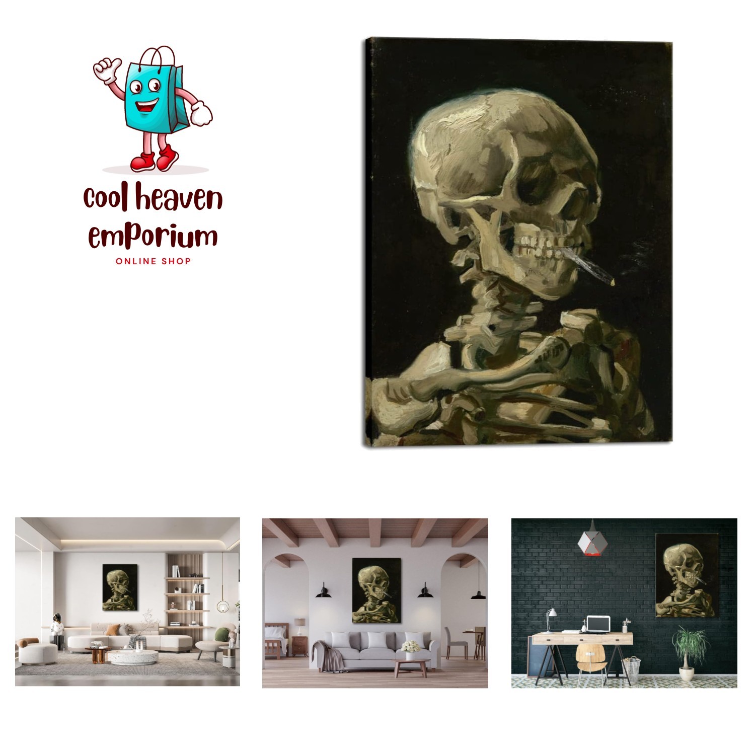 Large Van Gogh Canvas Wall Art: Skull of a Skeleton with Burning Cigarette 30x40