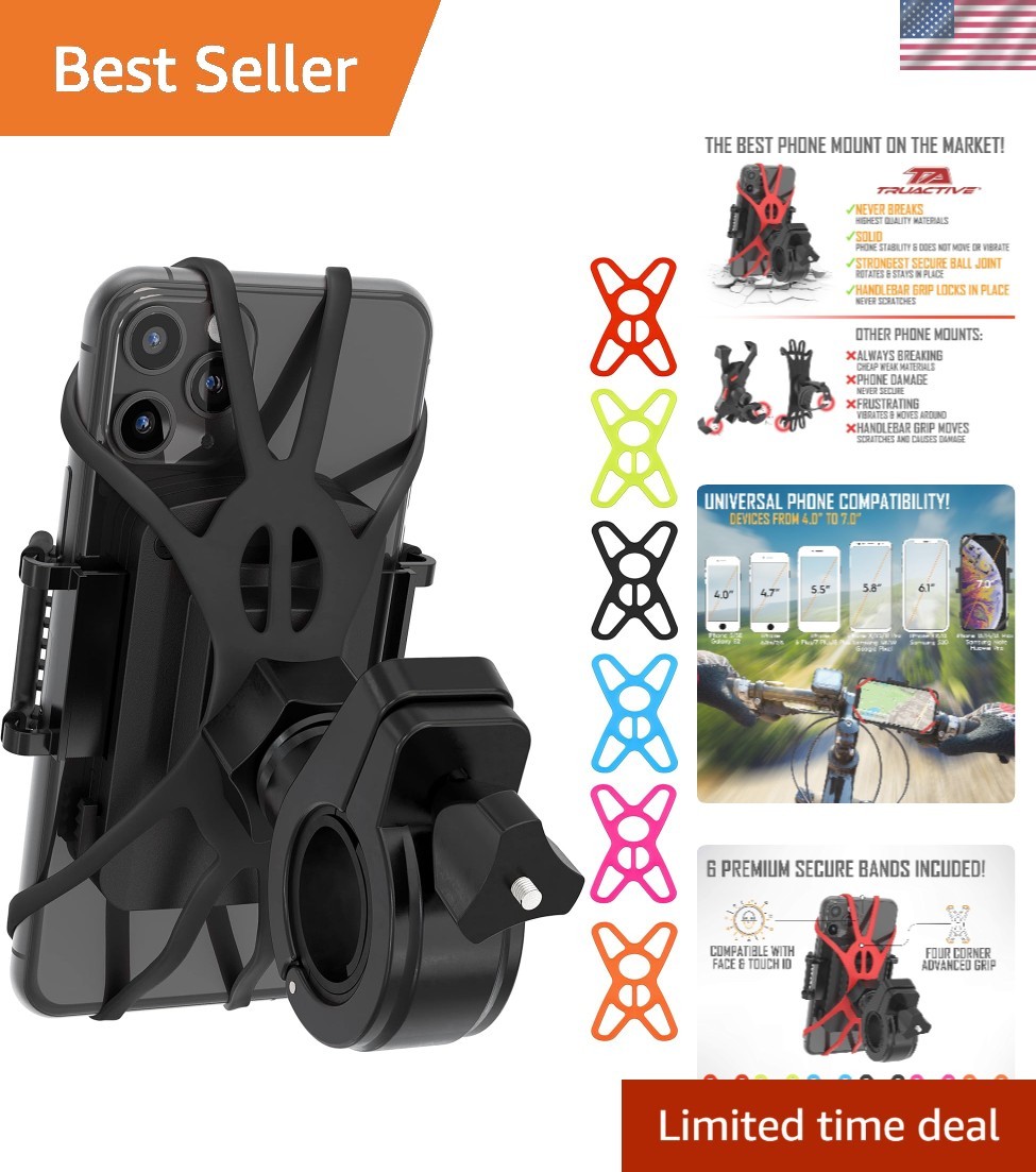 Universal Bike Phone Mount Holder for 4-7" Smartphones - 6 Color Bands Included