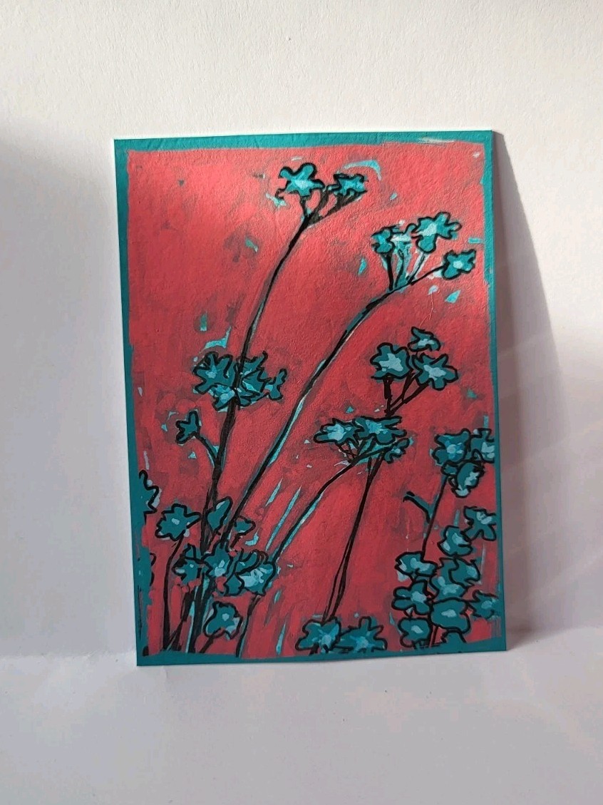 Red Blue Flower Fantasy ACEO Art Card by Cassandra