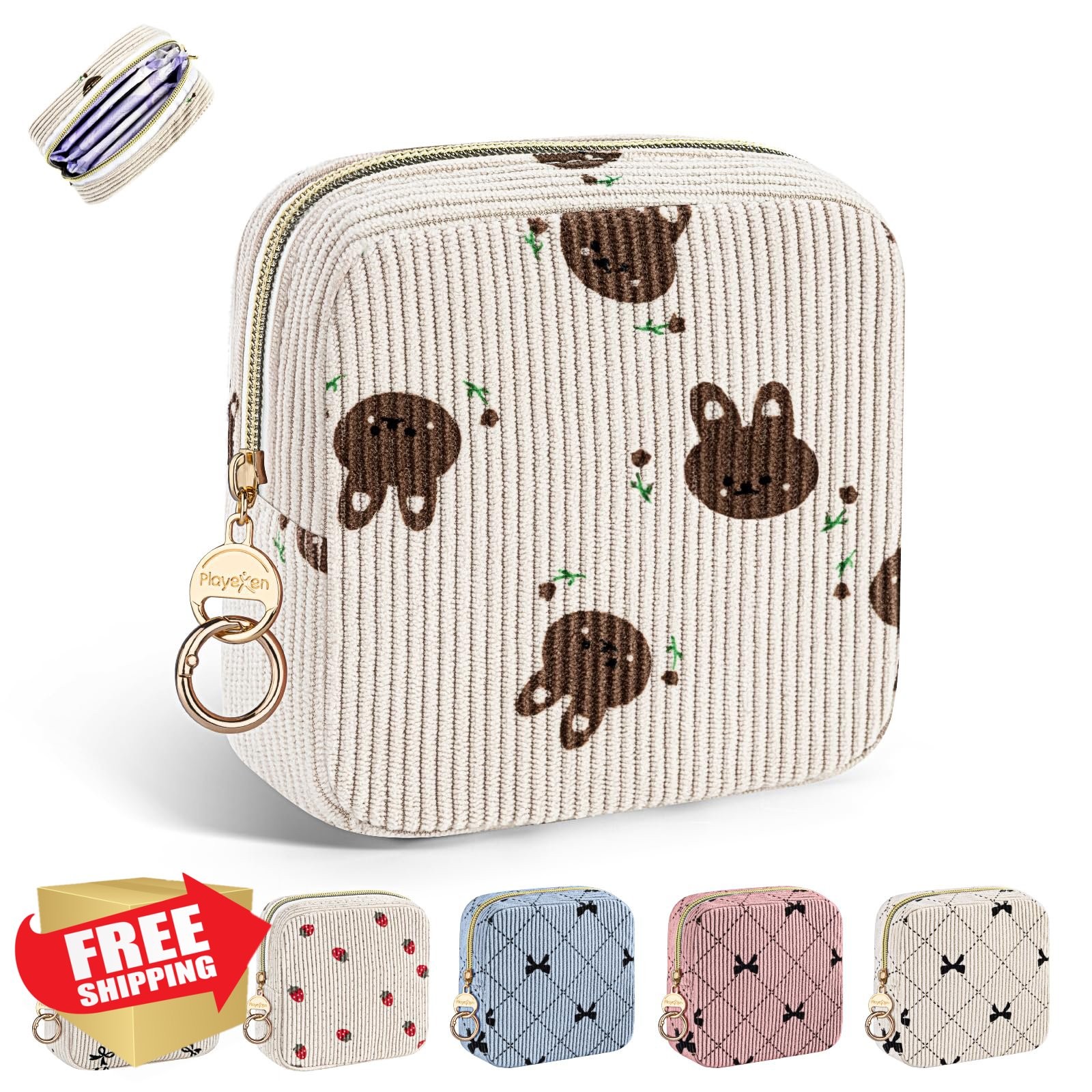 Playexen Period Bag Teen Girls Corduroy Pad Pouch Bunny