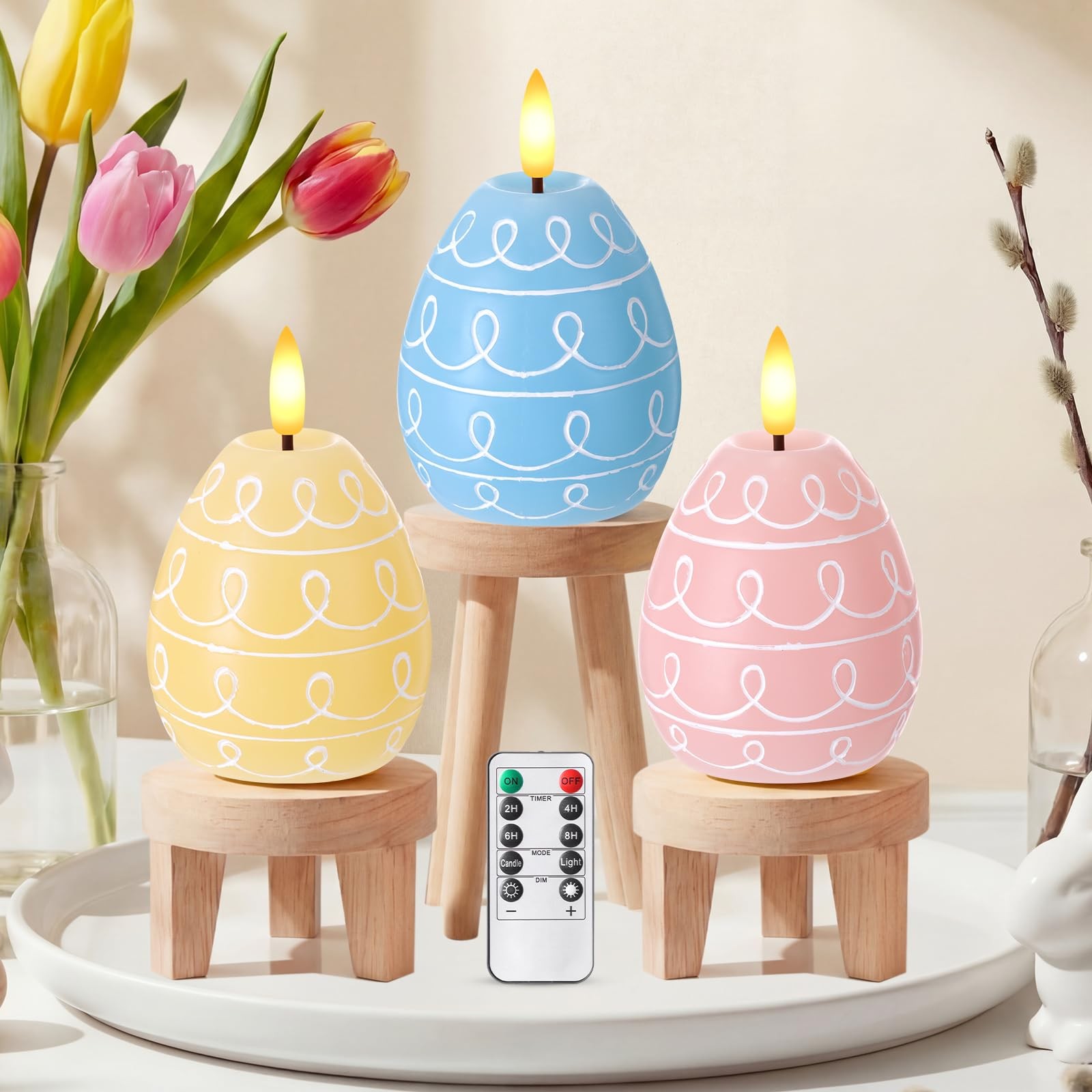 3 Pcs Easter Egg Flameless Candles with Timer Egg Shape LED Candle Real Wax 