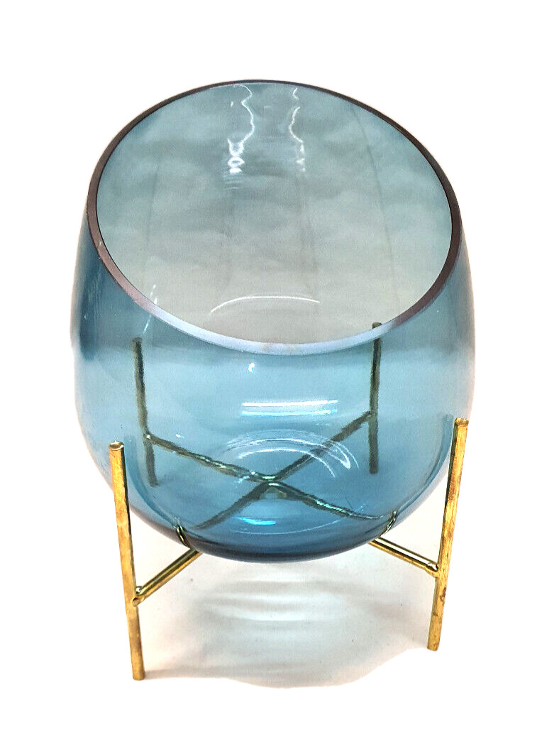 Large Blue Glass Candle Holder On Stand Candle Holder Or Floral Bowl Or Other