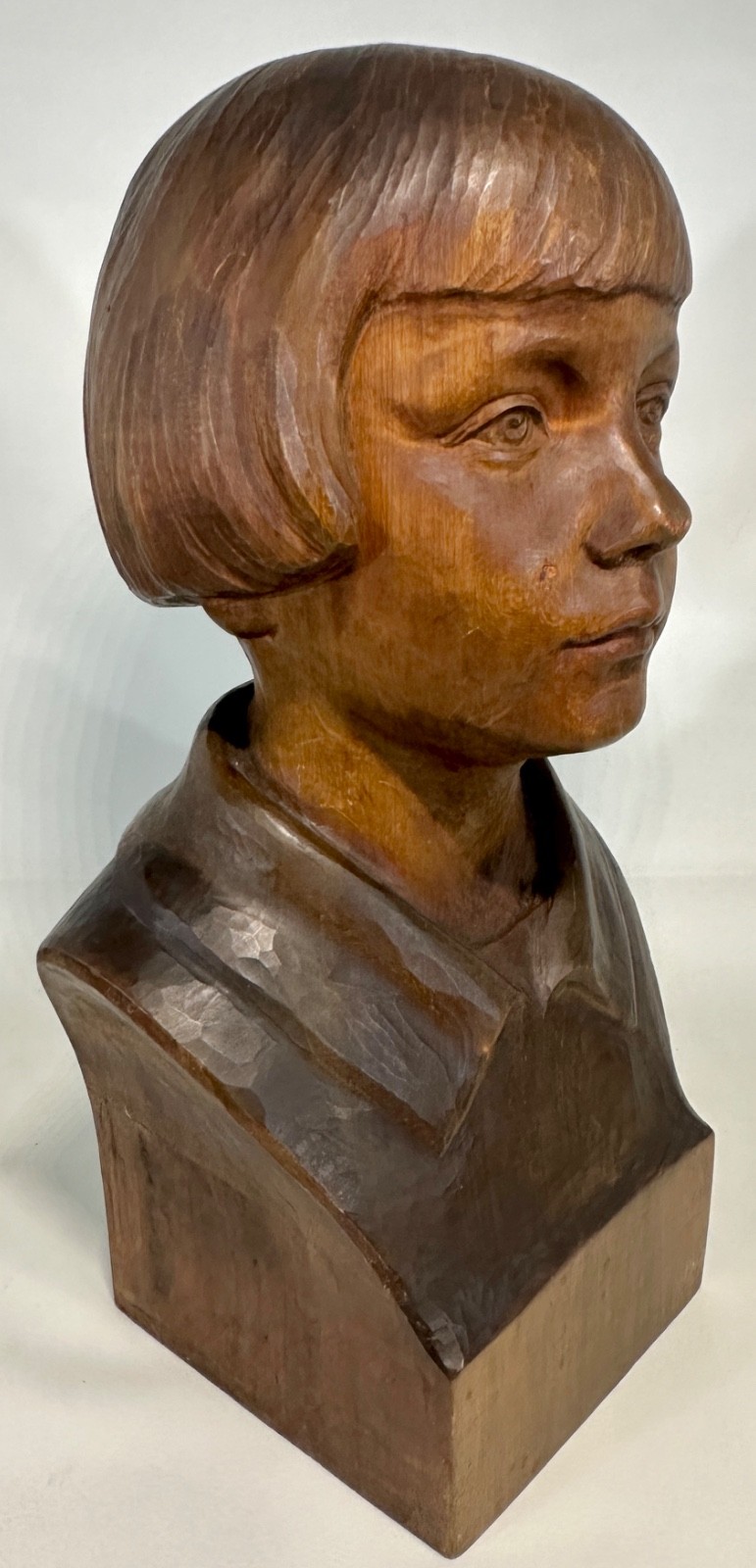 1920s Art Deco Period WPA Carved Wood Young Girl Joan Of Arc Sculpture Bust