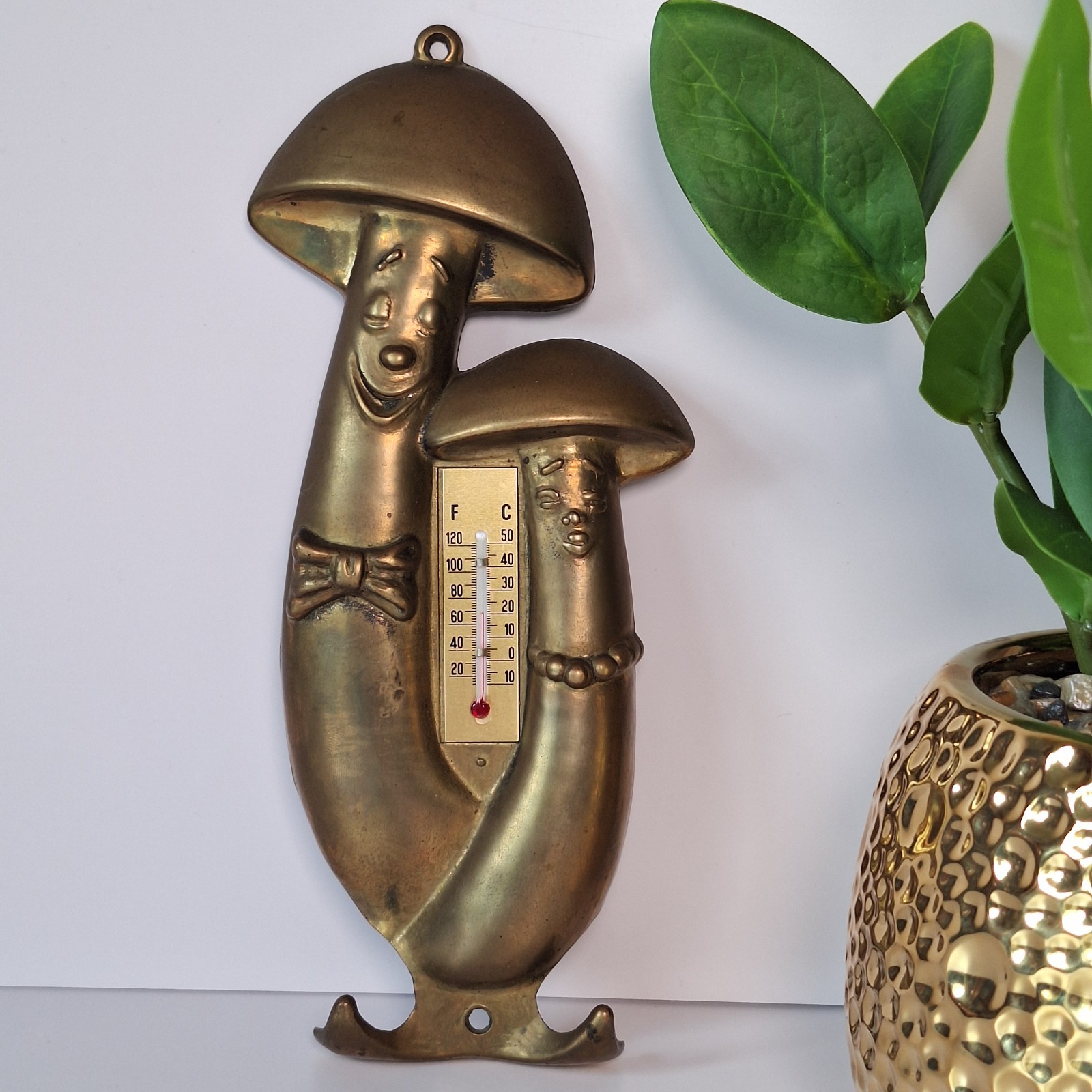 Rare Vintage MCM Anthropomorphic Smiling Mushroom Couple Brass Thermometer Italy