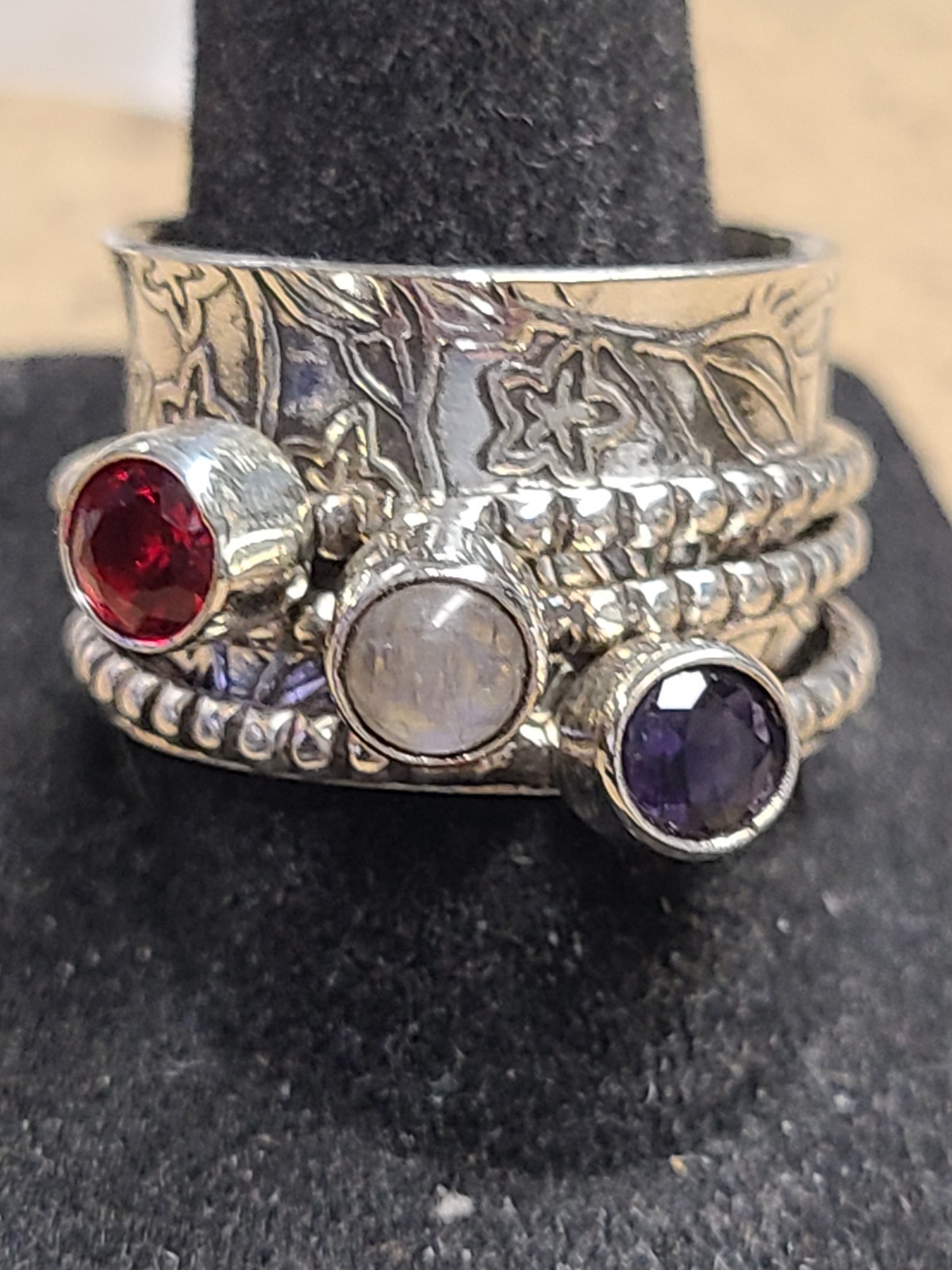 Sterling Silver Wide Triple Stone Spinner Ring Size 9.5