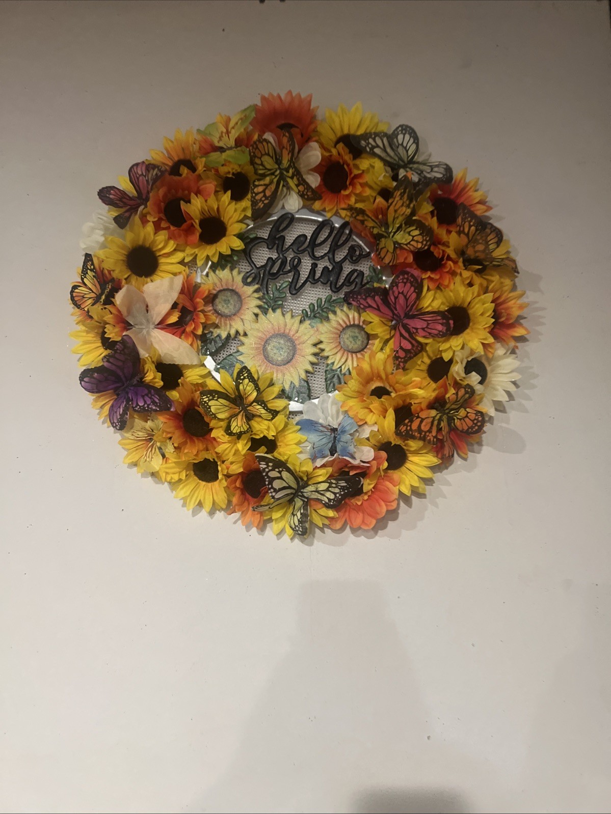 Homemade Hello Spring Sunflower Wreath One Of Kind And Colorful Butterflies