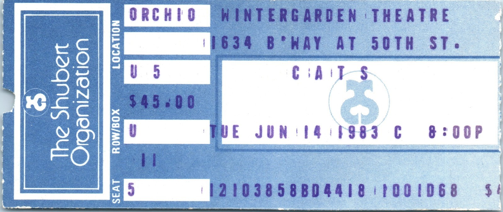 1983 Cats Broadway Ticket Stub Winter Garden Theatre New York Vintage