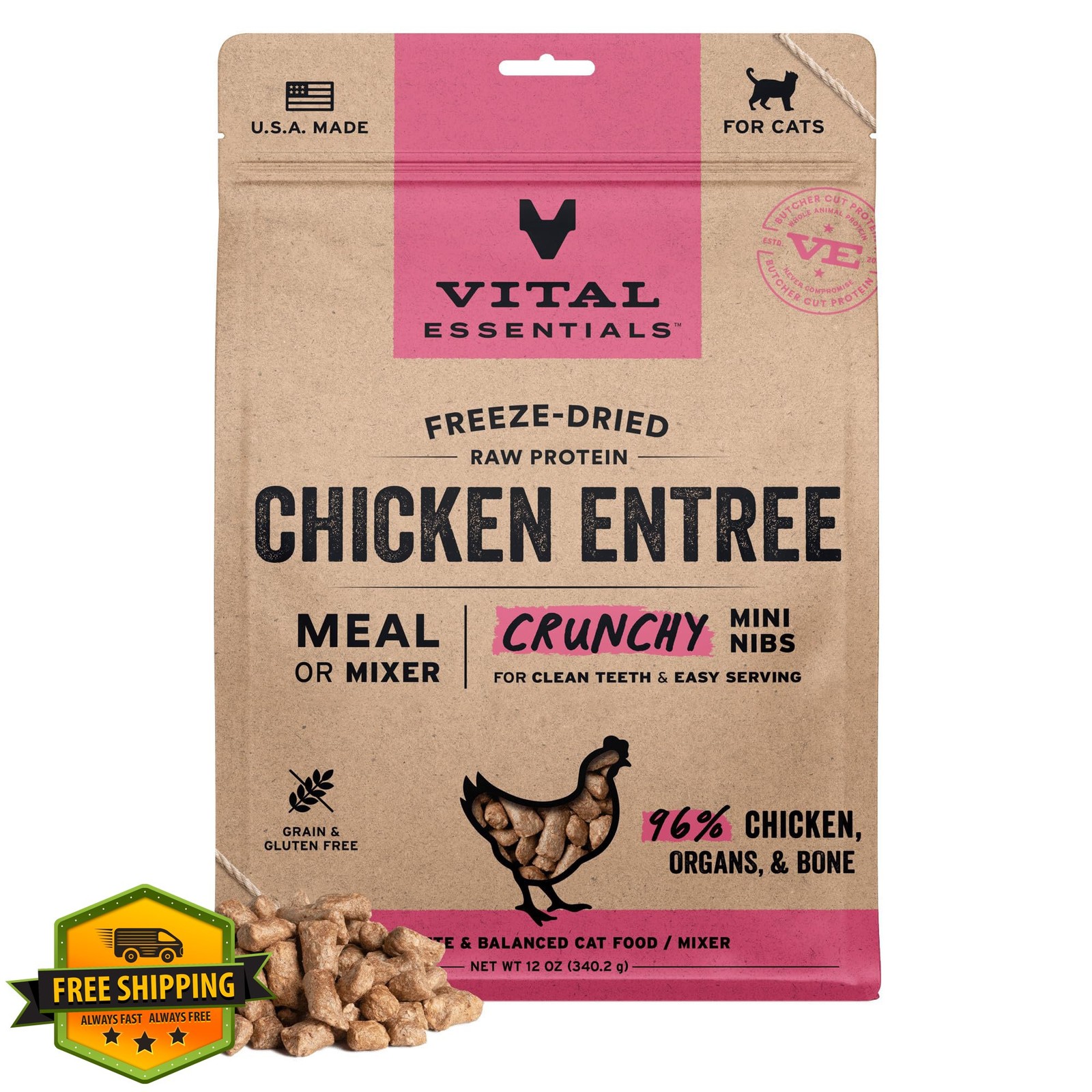 Vital Essentials Freeze Dried Cat Food, Chicken, 12 oz Bag
