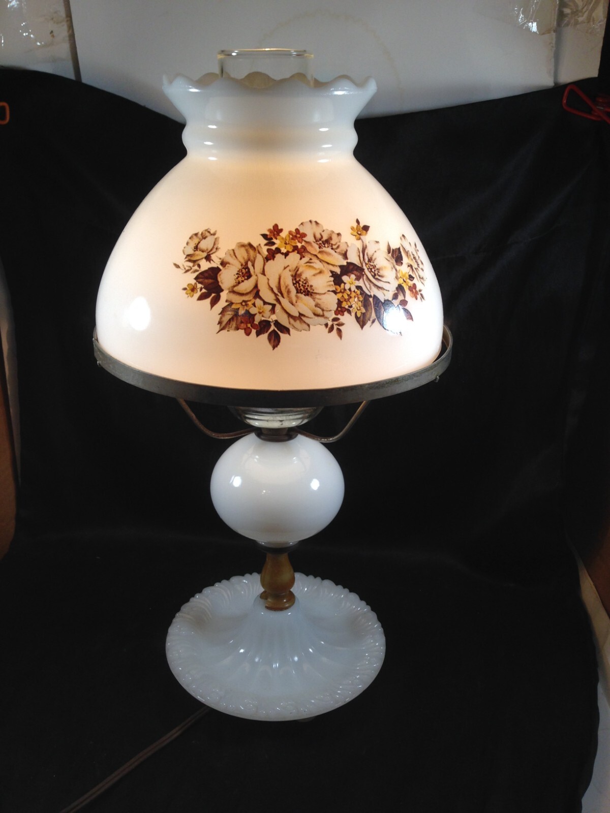 Vintage Milk Glass Table Lamp Earth Tone Floral Shade