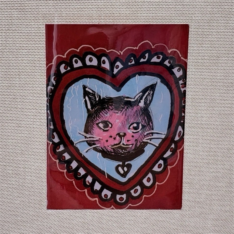 Vintage Lace Cat Drawing ACEO 2.5x3.5in Signed and Dates