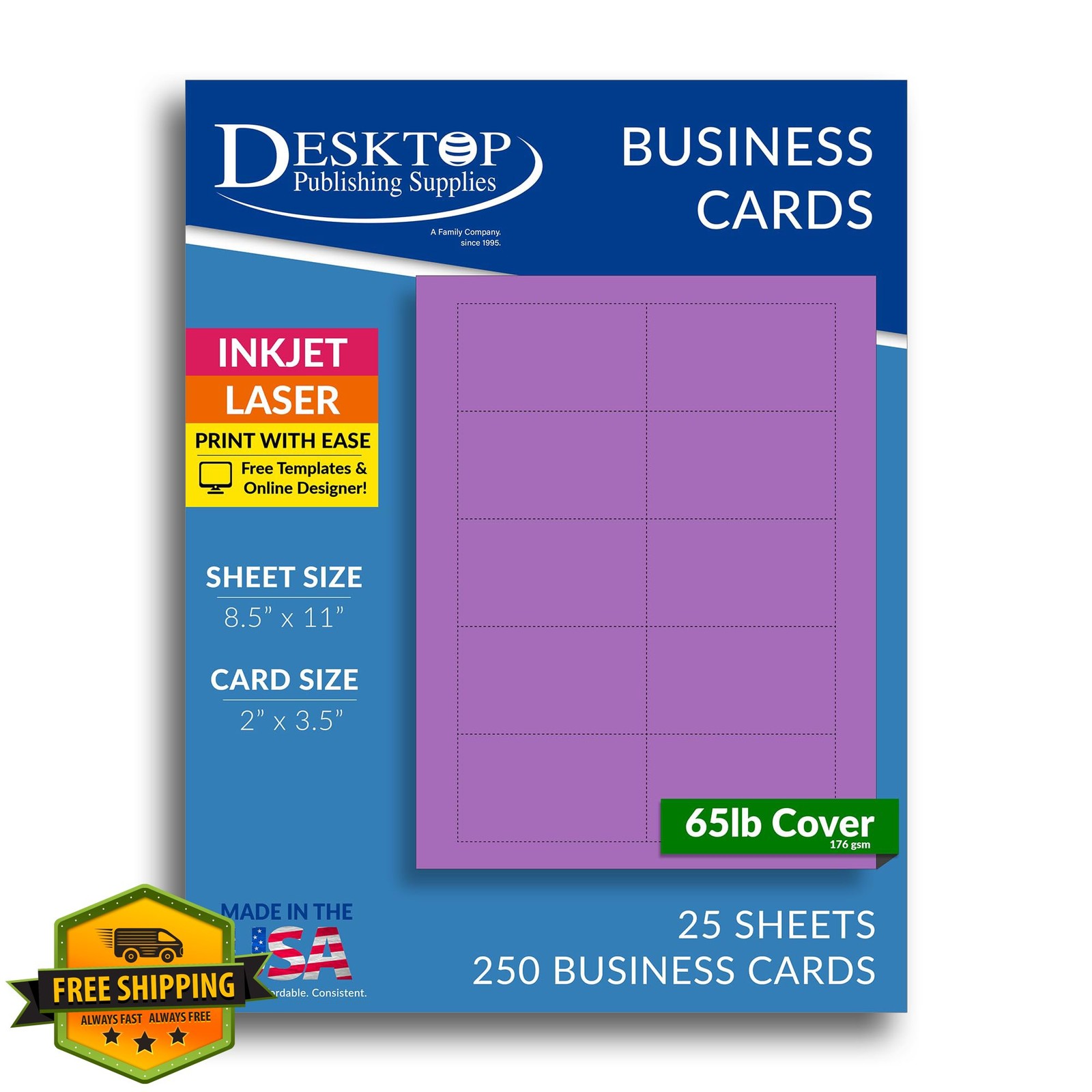 Colored Business Cards Purple, 250 Cards, Inkjet Laser