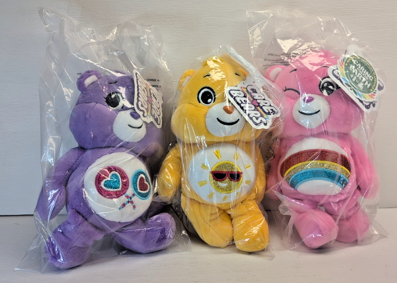 NEW! LOT OF 3 CARE BEARS 9" PLUSH STUFFIE CHEER BEAR, SHARE BEAR & FUNSHINE BEAR