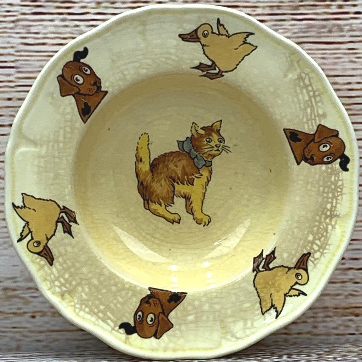 Vintage Childrens Bowl Cat Dog Duck Yellow Ceramic Nursery Rhyme Decor