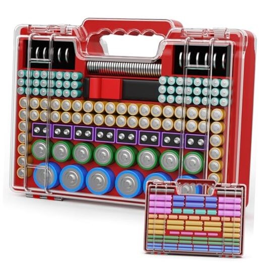Battery Organizer Storage Case with Tester, Ultra-Large 265+ Double-Sided Red