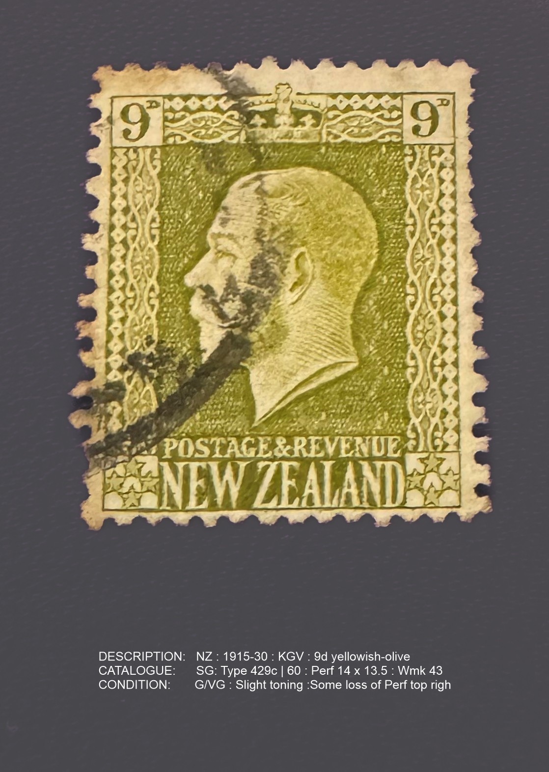 New Zealand | 1915-1930 | SG 429c | 9d Sage-green | Good ULH