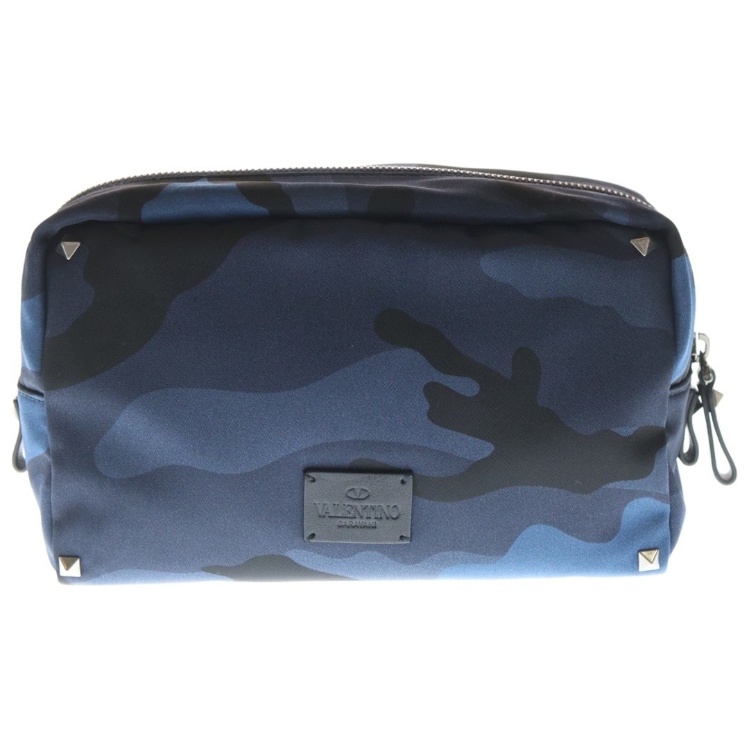 VALENTINO Leather Logo Patch Camo Pattern Nylon Pouch Blue Used 5249db0947ffd054
