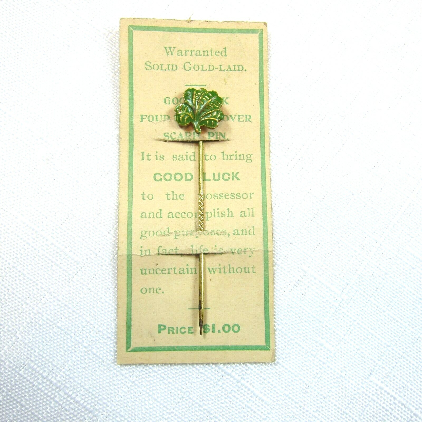 Antique c. 1900 Gold Laid Four Leaf Clover Scarf Stick Pin on Original Card RARE