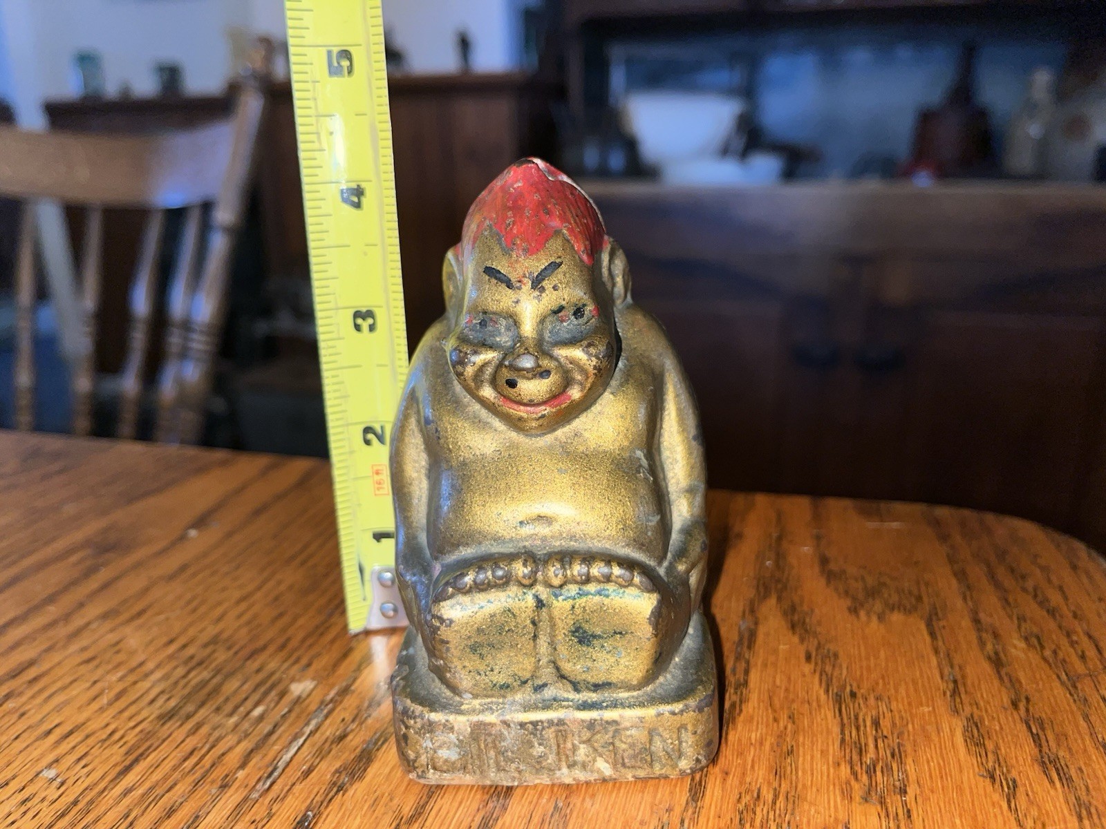 Antique Cast Iron Bank Billiken Good Luck Golden & Red Color AC Williams USA
