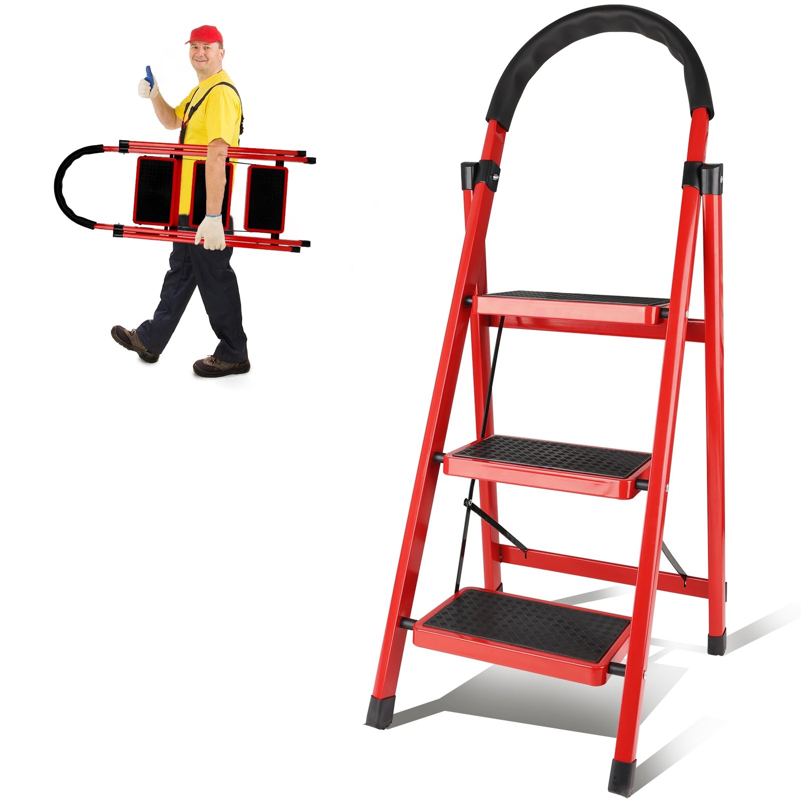 3 Step Ladder Folding Stools for Adults with Wide Anti-Slip Pedals Curved