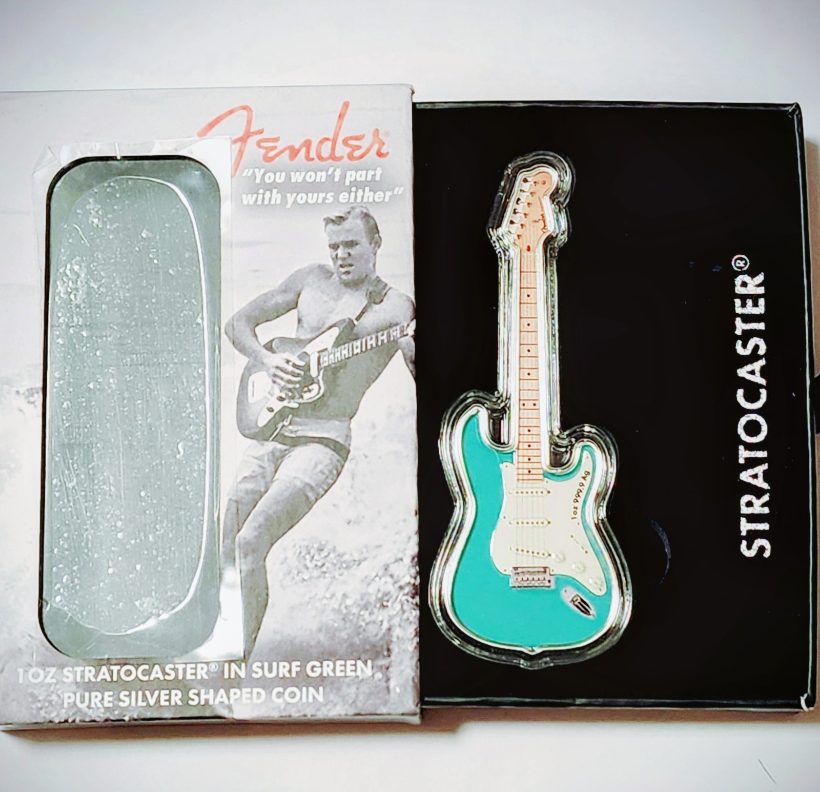 2023 PAMP Fender Guitar Shaped - SURF GREEN-1oz 999.9 Silver Coin Stratocaster 