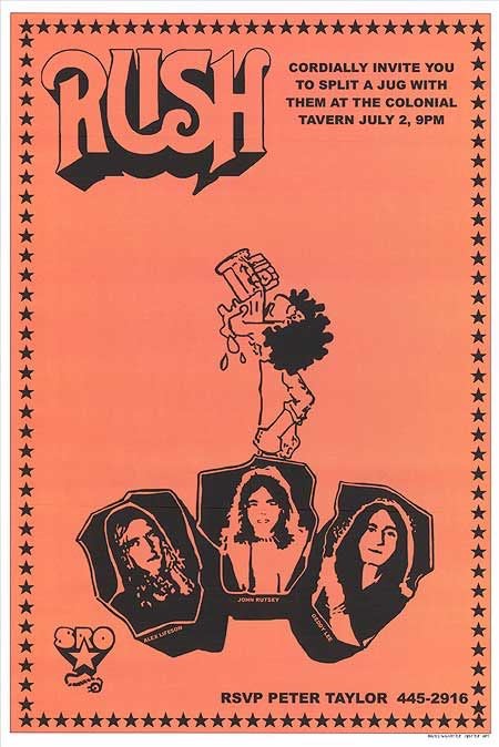 Rush Concert Handbill Flyer Colonial Tavern July 2 9PM Orange 12x8in Metal Sign