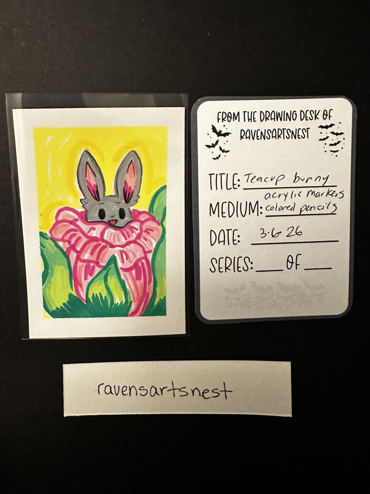 Aceo “Teacup Bunny ” Original Miniature Painting RavensArtsNest Signed 2.5x3.5in