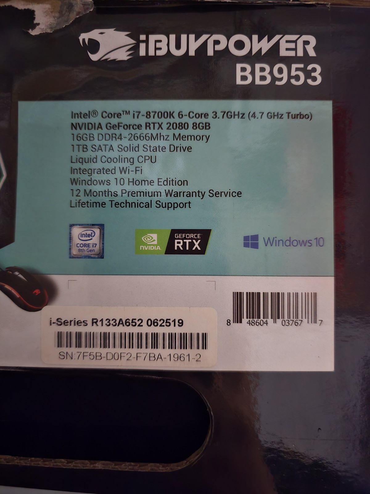 iBuyPower BB953 I7-8700k 16gb NVIDIA Rtx2080 8gb 1tb SSD