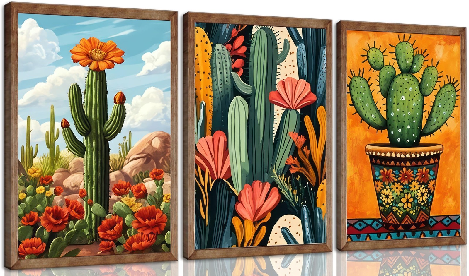 3pcs Framed Mexican Cactus Canvas Wall Art Vintage Desert Floral Posters Boho...