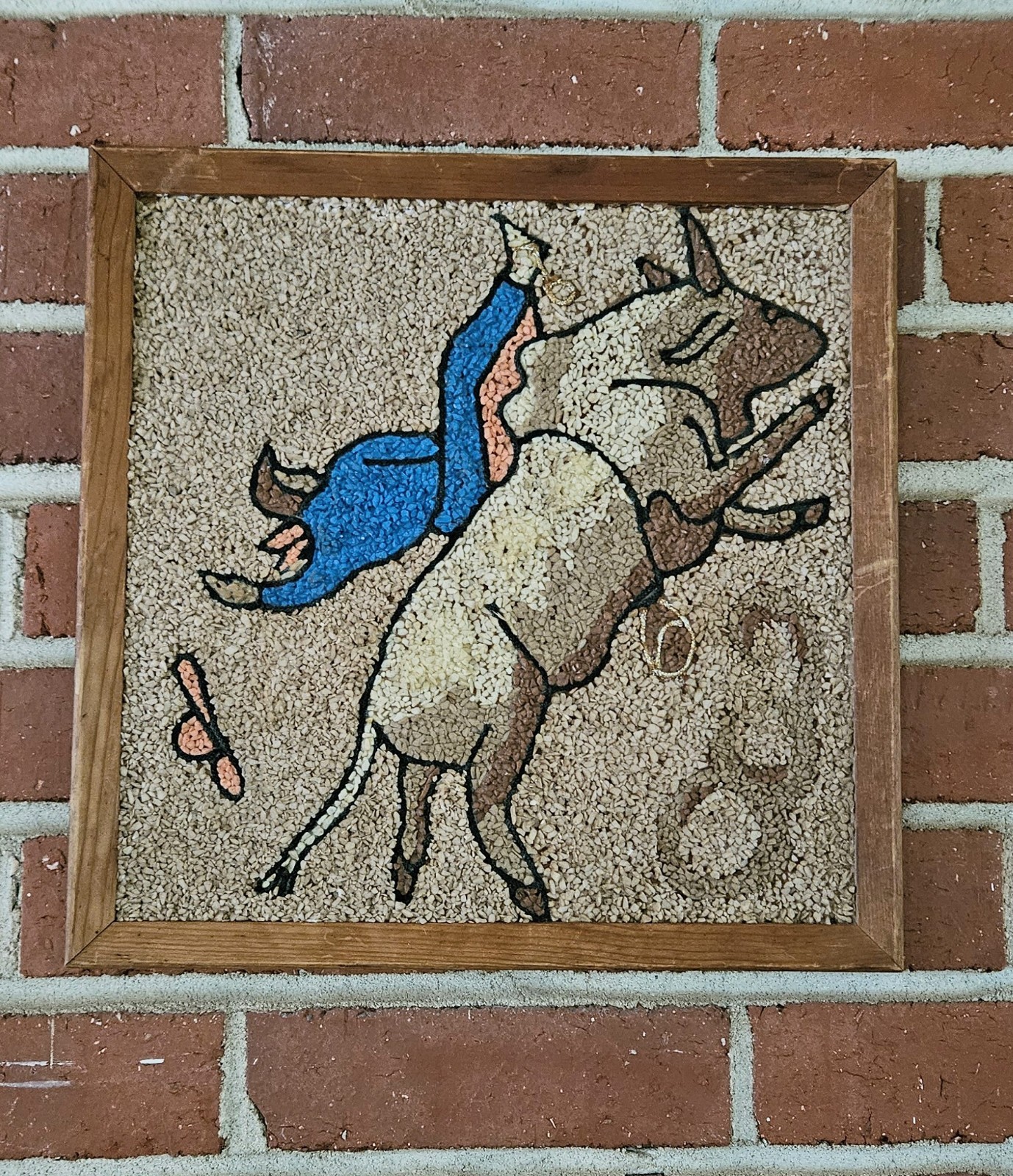 1950s Gravel Art Picture Cowboy Falling Off Horse Vintage Western Decor