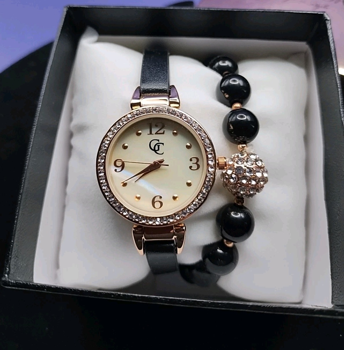 Gold Coast Elegant Rose Gold and Black Women's Watch Q and Beaded Bracelet Set