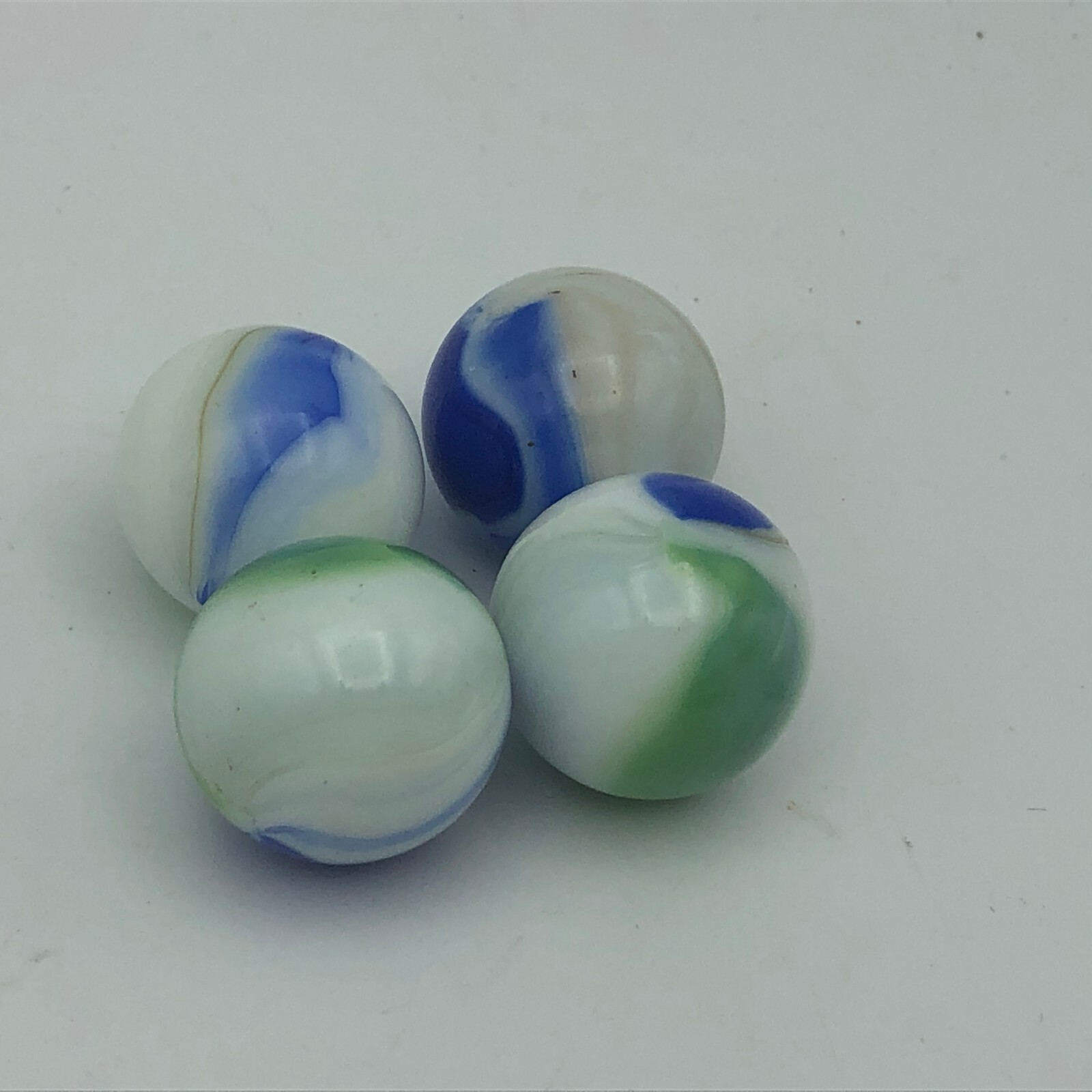 White Milk Glass Marbles Green + Blue Swirls Vintage Lot Of 4 Around 1" Diameter