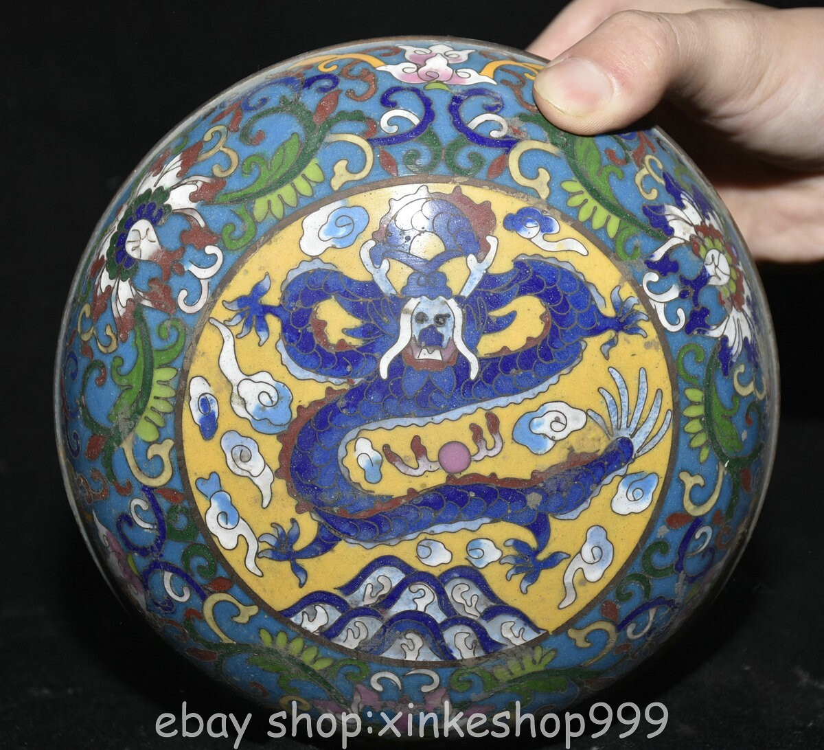 6.4" Marked Chinese Bronze Cloisonne Dynasty Flower Dragon Storage Box