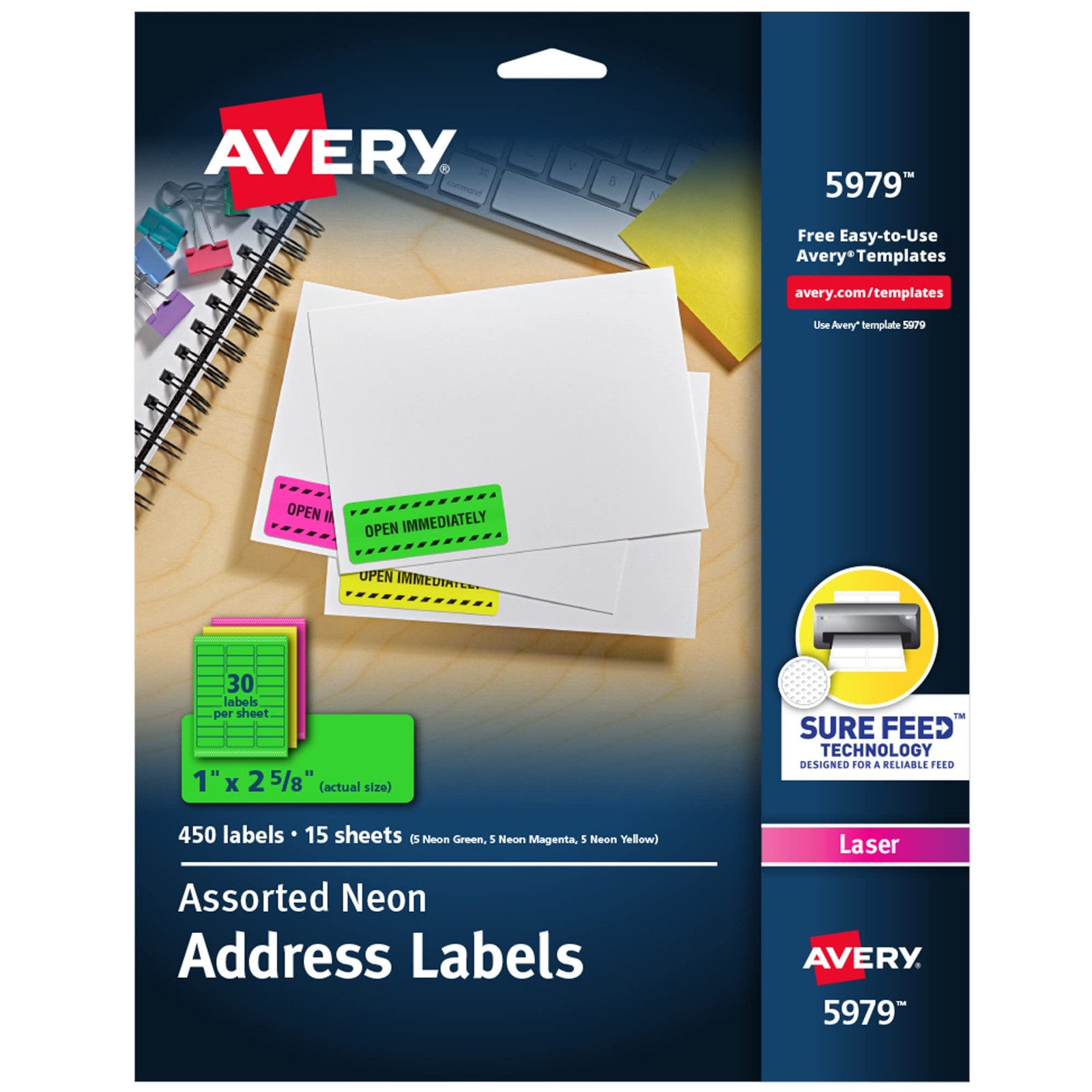 Avery Neon Address Labels w/ Sure Feed, 1" x 2-5/8", Magenta/Green/Yellow, 450PK