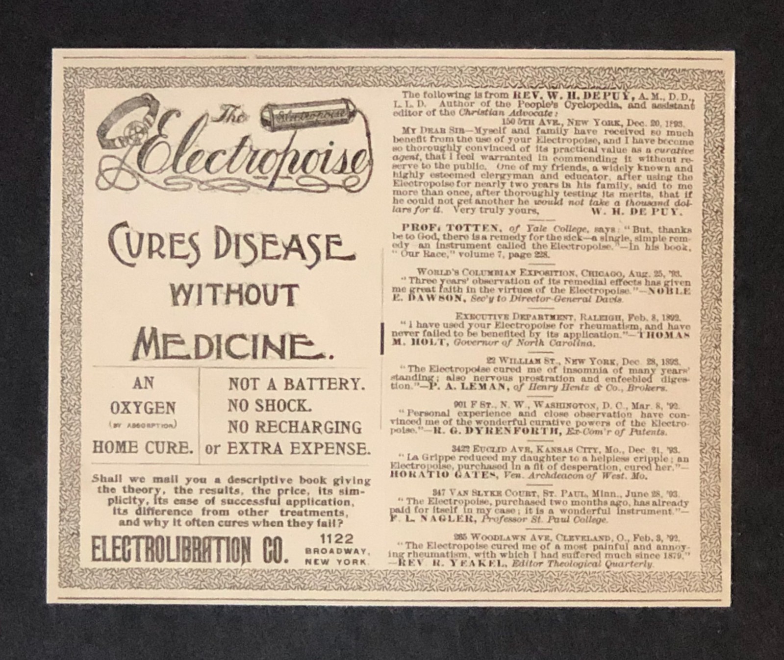 1894 Electropoise Quack Medicine Advertisement Cures Disease Antique Print AD