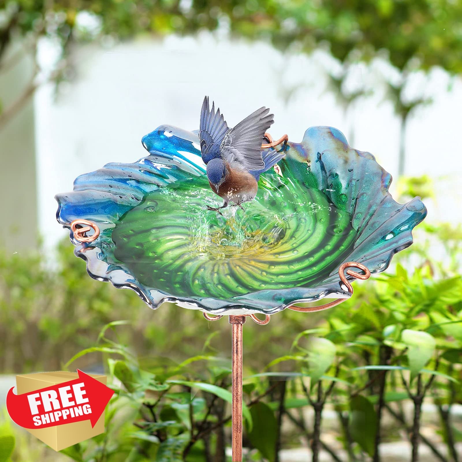 Glass Bird Bath Outdoor Green Birdfeeder Garden Metal Stake 26inch Height