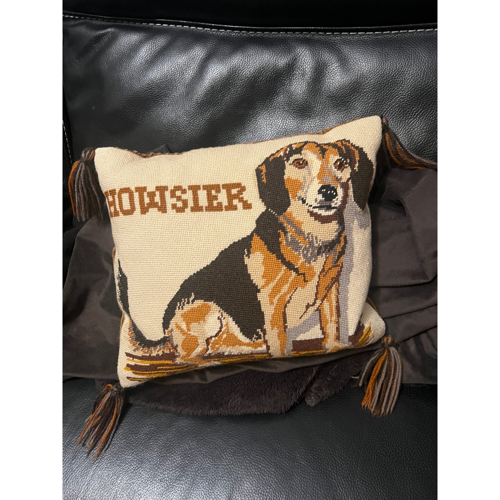 Vintage Needlepoint Howsier Hound Dog Throw Pillow Brown Corduroy Tassels Lodge