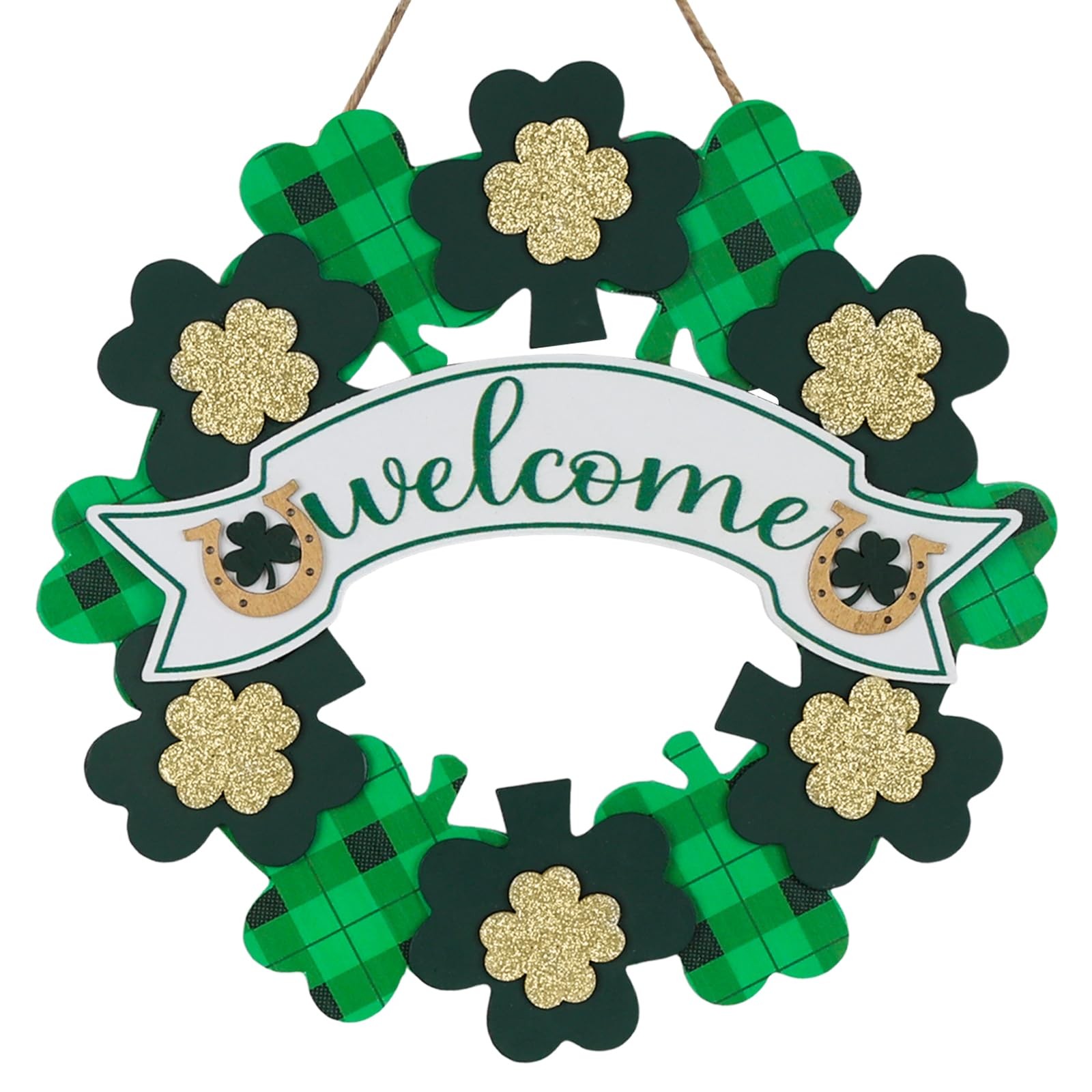 St Patricks Day Decorations, DECSPAS Wood Shamrock Hanging Welcome Green Gold 