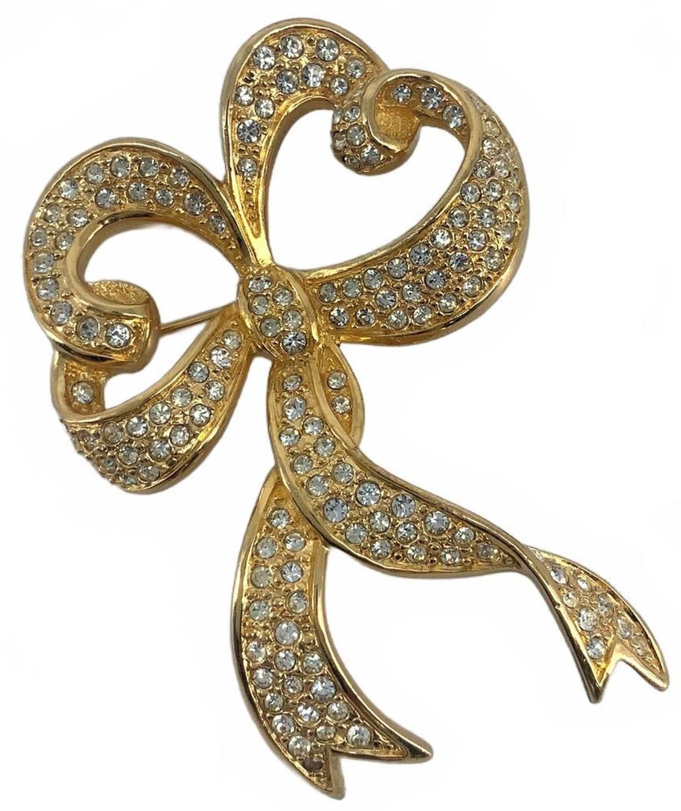 Vintage Christian Dior Rhinestone Gold Tone Bow Brooch Pin Designer Jewelry