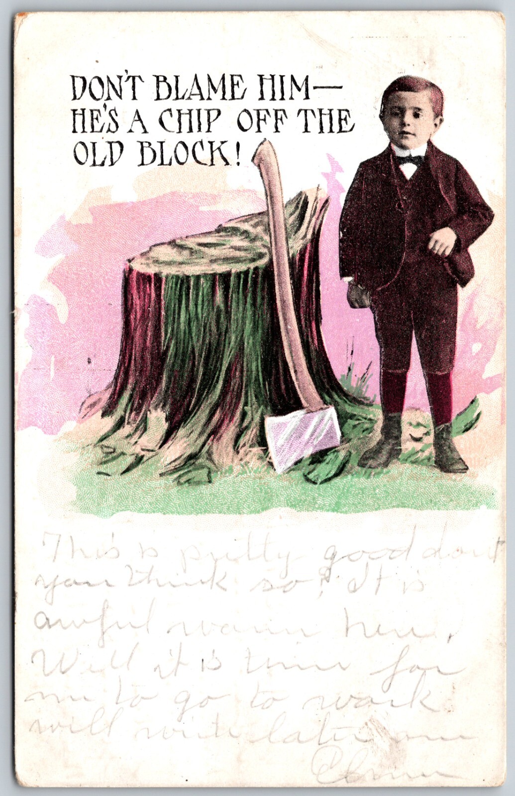 1909 Boy Stands By Cut Down Tree - Chip Off The Old Block ANTIQUE Comic Postcard