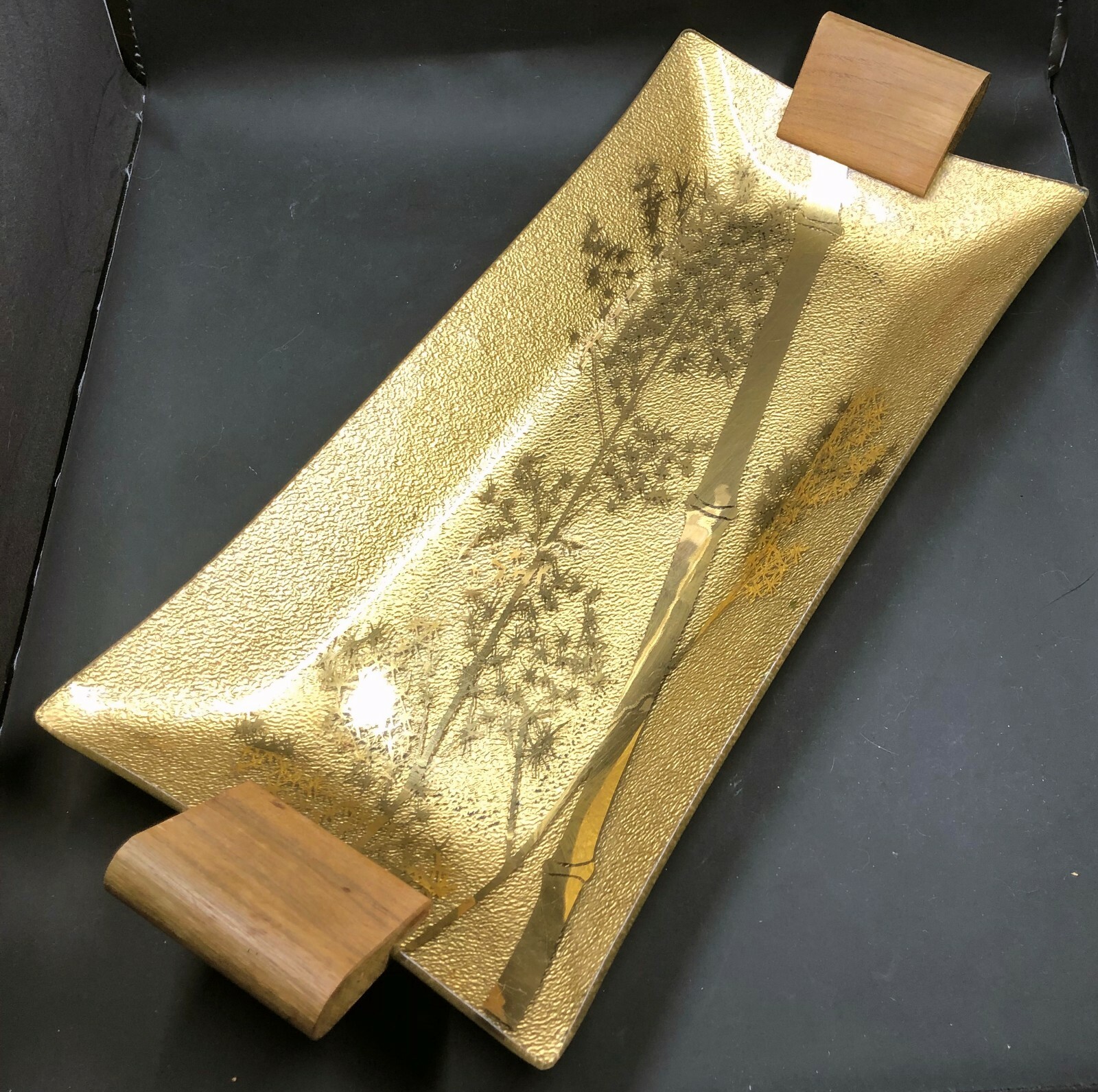 Vintage MCM Ernest Sohn Tray Long Gold Glass Teak Handles Bamboo Print
