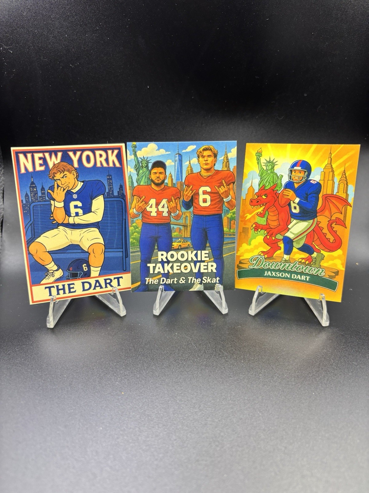 3 Piece Custom Card Art NY Football Dart Skattebo Comic Cartoon Rookie