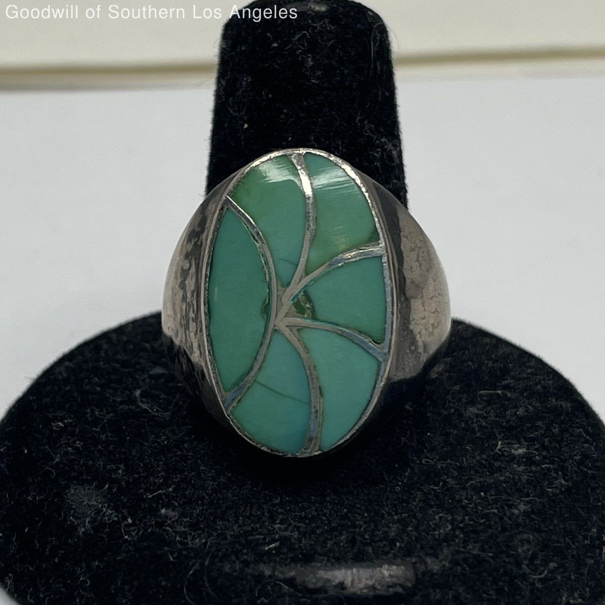 Vintage Native G. Lee Turquoise Inlay Sterling Silver Ring - 10.57g
