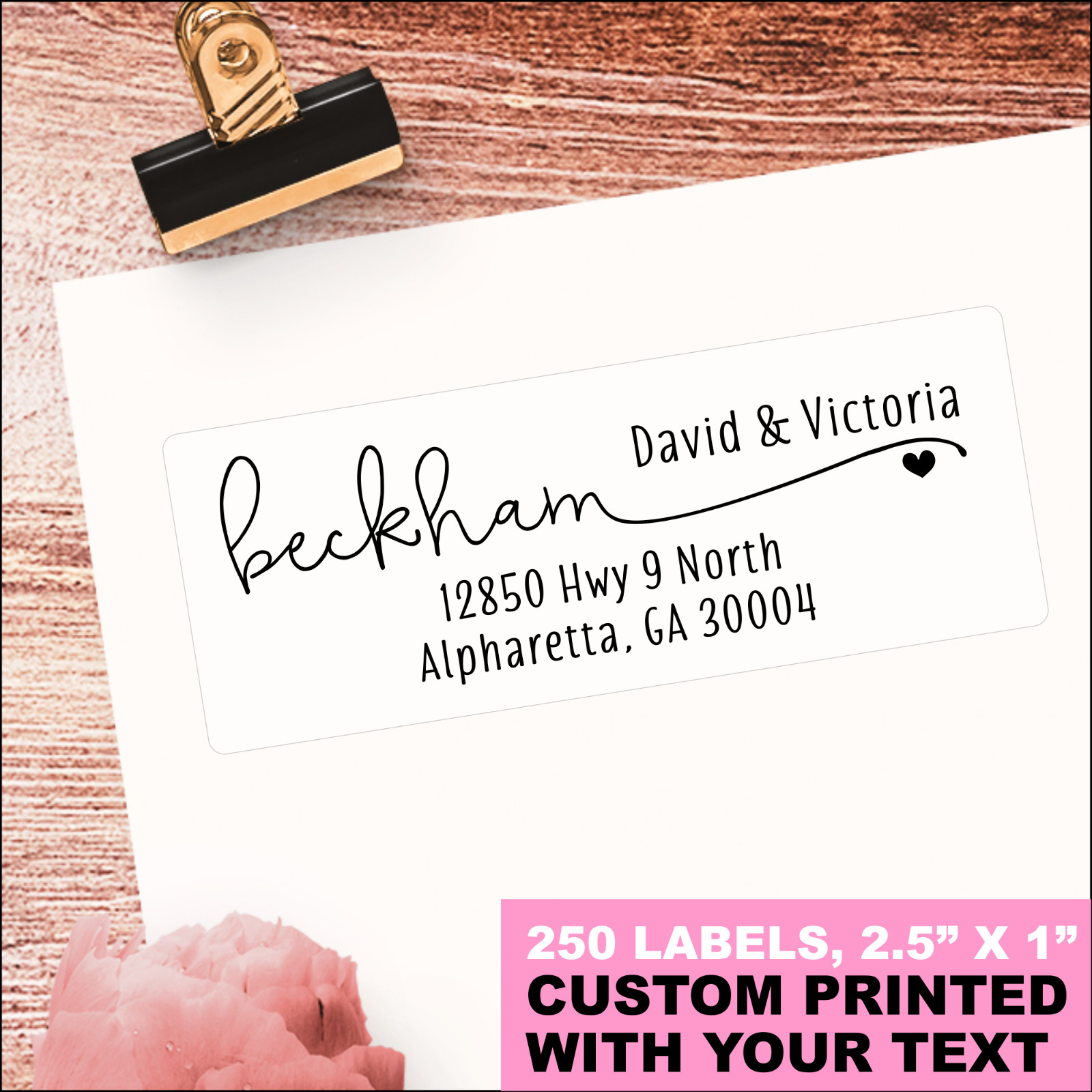 Return Address Labels, Custom Printed Personalized White Name Stickers - Heart