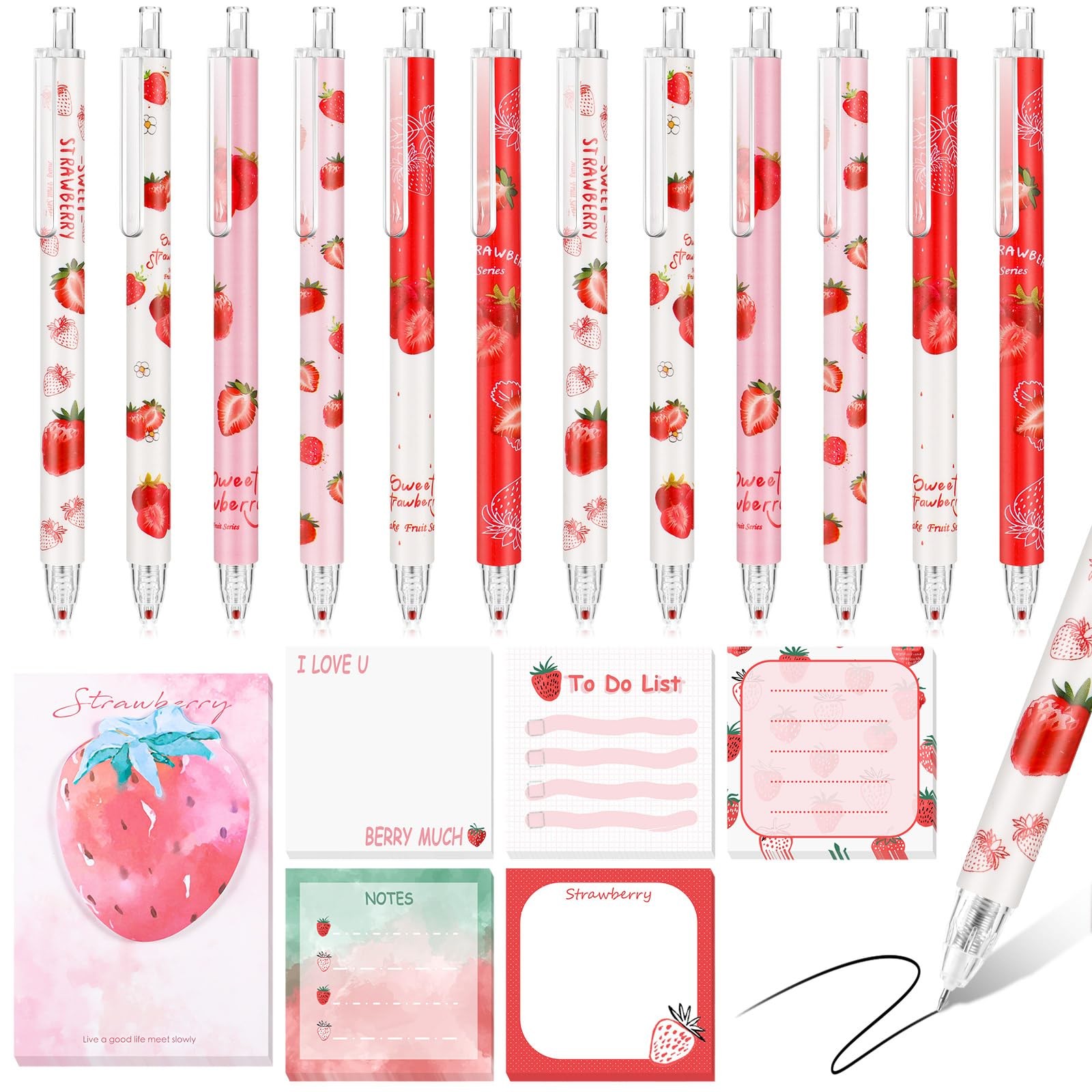 Sabary 18 Pcs Stationery Set, 12 Aesthetic Pens & 6 Sticky 3x3 inches, Red 