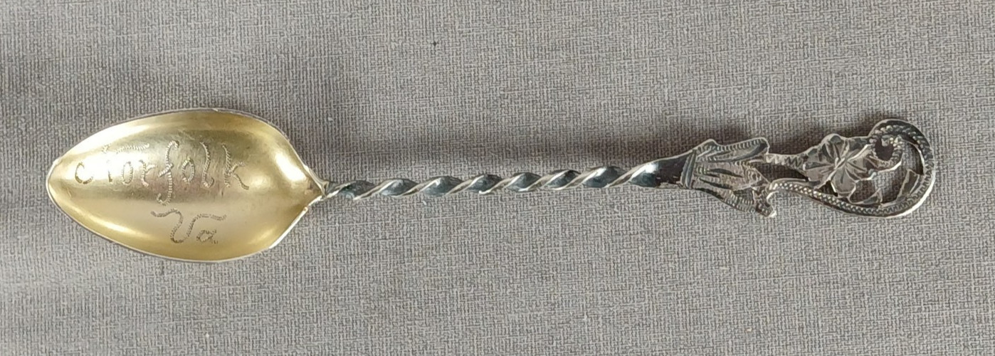 Vintage Floral Twist Handle Norfolk Virginia Sterling Silver Souvenir Spoon