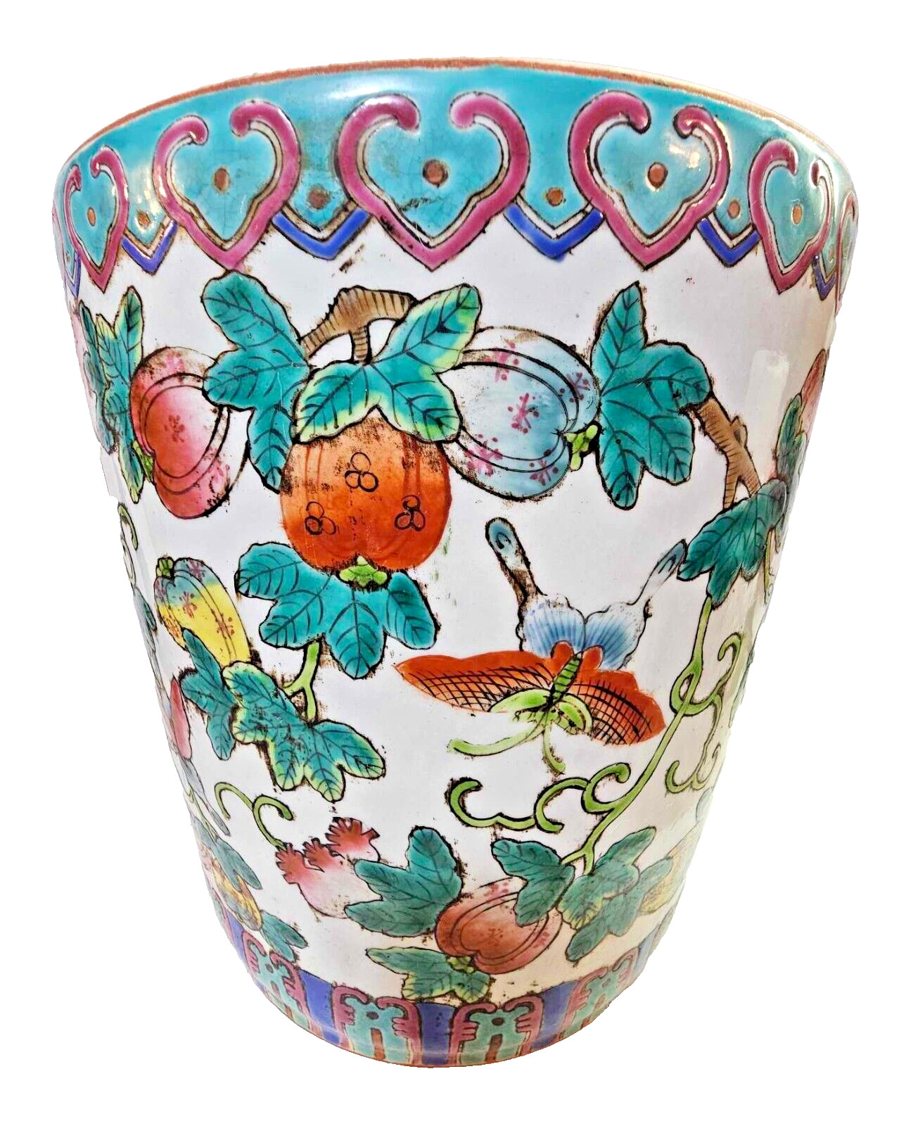 VTg Chinese Famille Verte Fruits Butterfly Pottery Planter Pot Jardiniere- Heavy