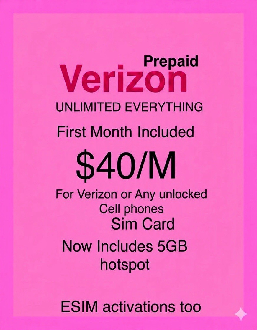 Verizon SIM CARD $40 Plan INCLUDED UNLIMITED 5G/4G DATA 5gb HOTSPOT preloaded