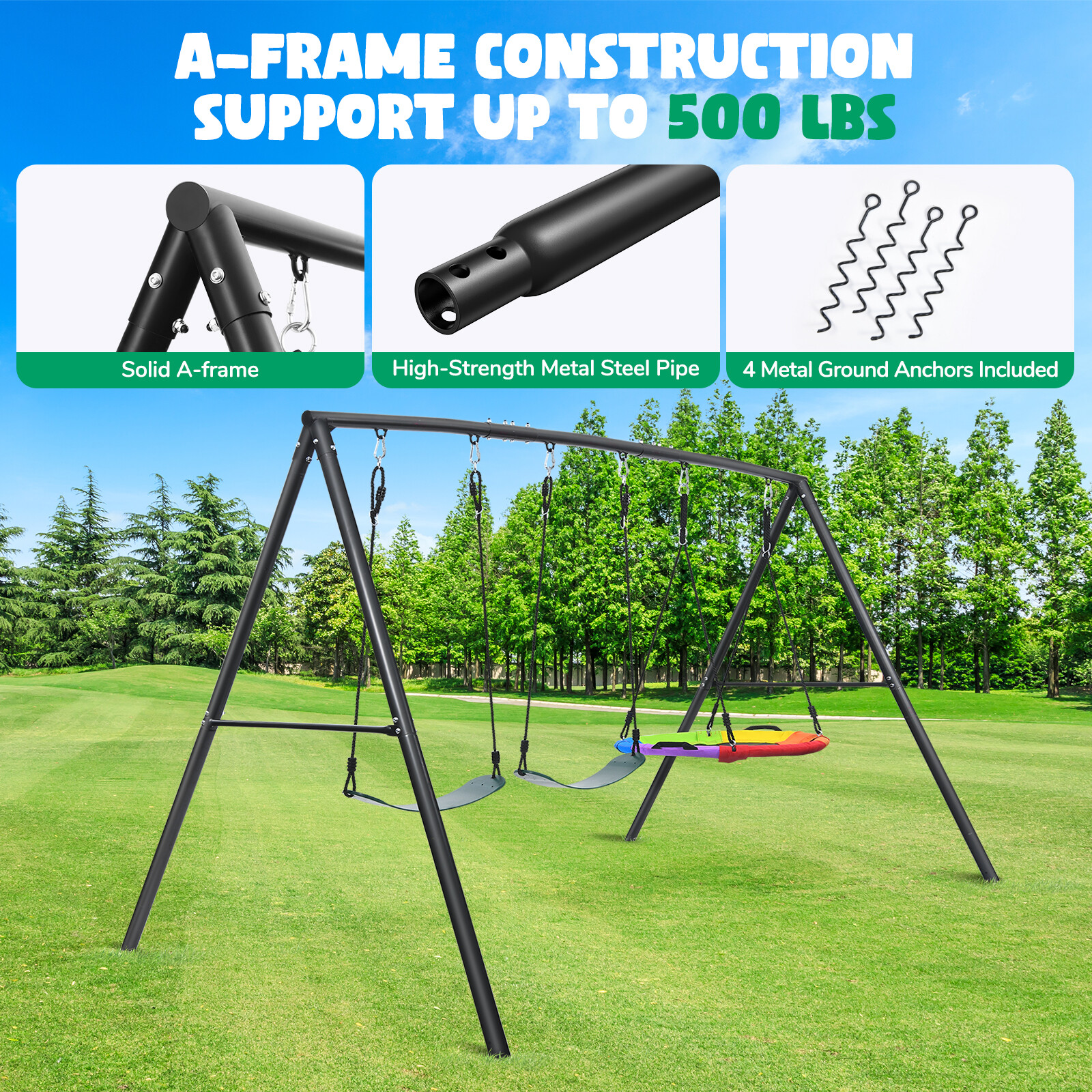 500lb Metal Swing Set Heavy Duty Kids Adult Swing Backyard Playset with 3 Swings