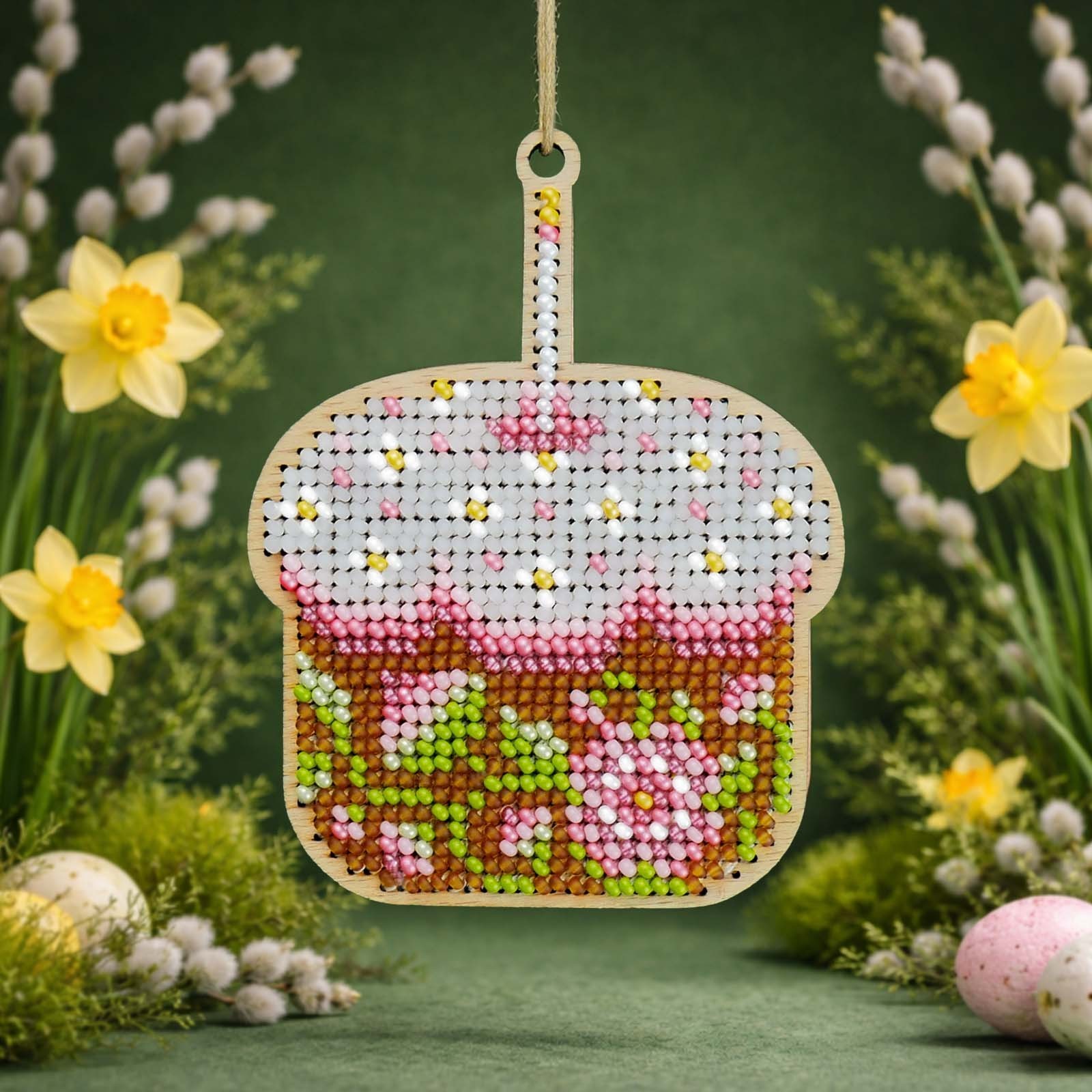 DIY Beaded Embroidery Kit – "Festive Easter" Easter toy Ornament on Wooden Base